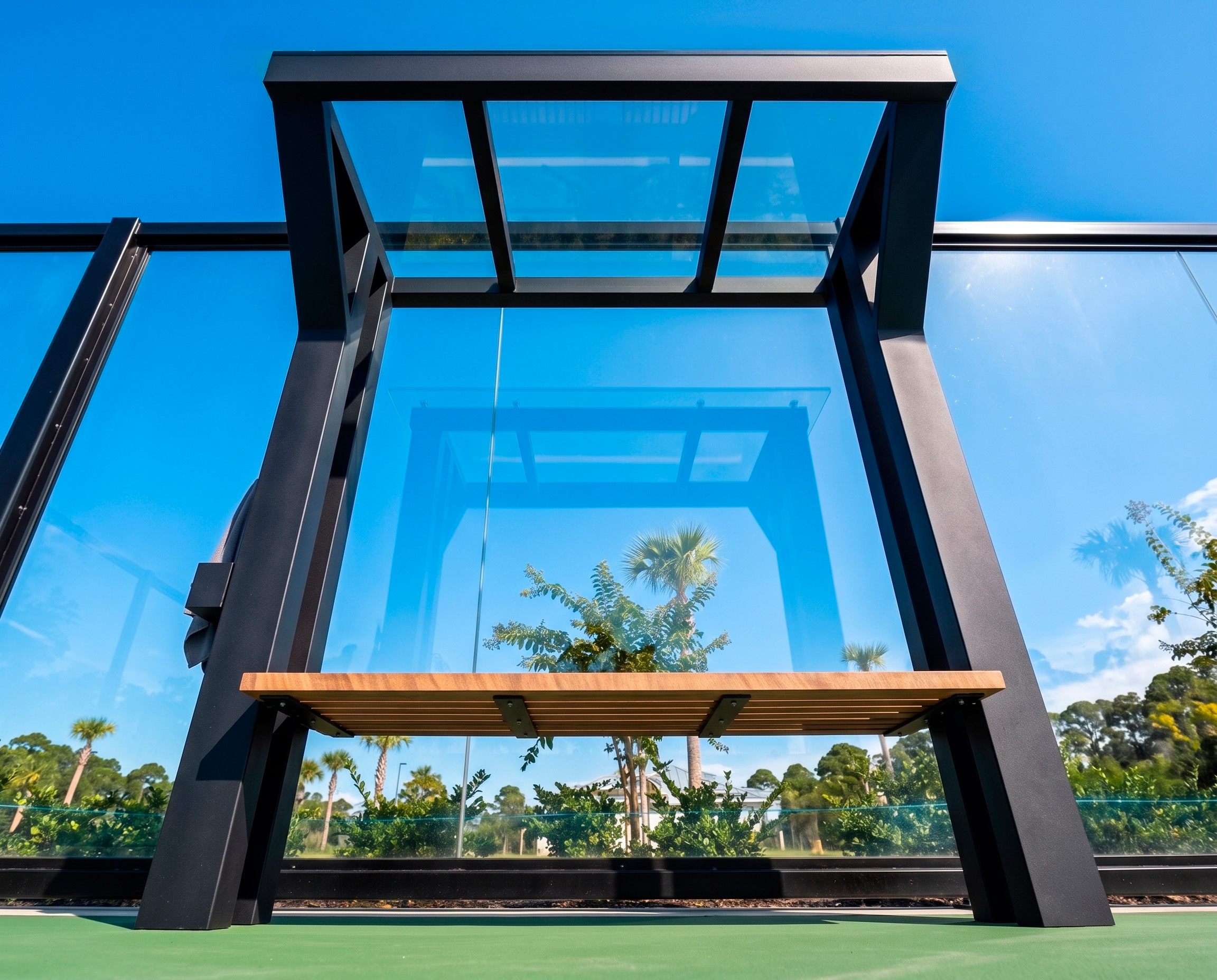 Rendering of a Luxe court bench specified with a tempered glass roof, letting light through while keeping weather off the players beneath.