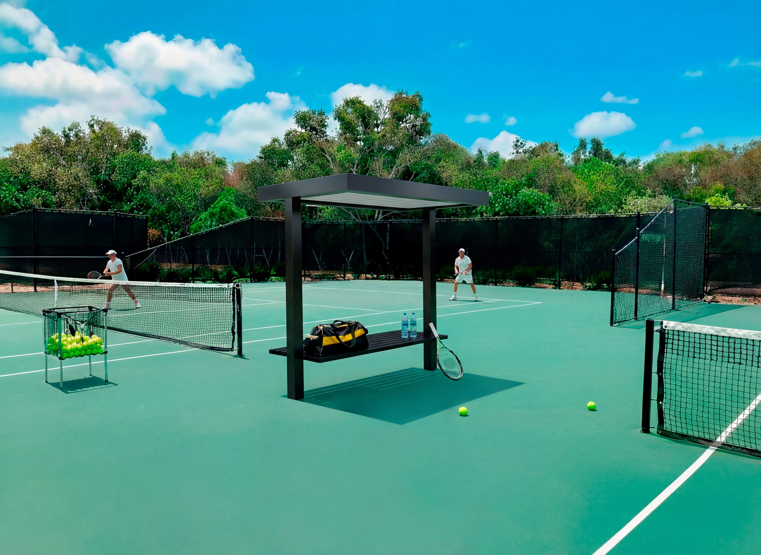 An all-aluminum Luxe court bench with a fixed-louver shade roof installed beside a hard tennis court, with player seating in the shade.