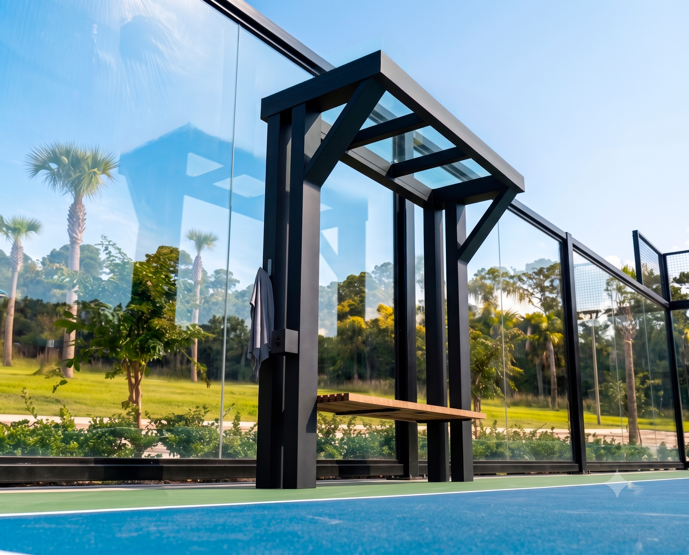 Rendering of a gable-roof court bench with post-mounted towel rails and gear hooks for racquets and bags.