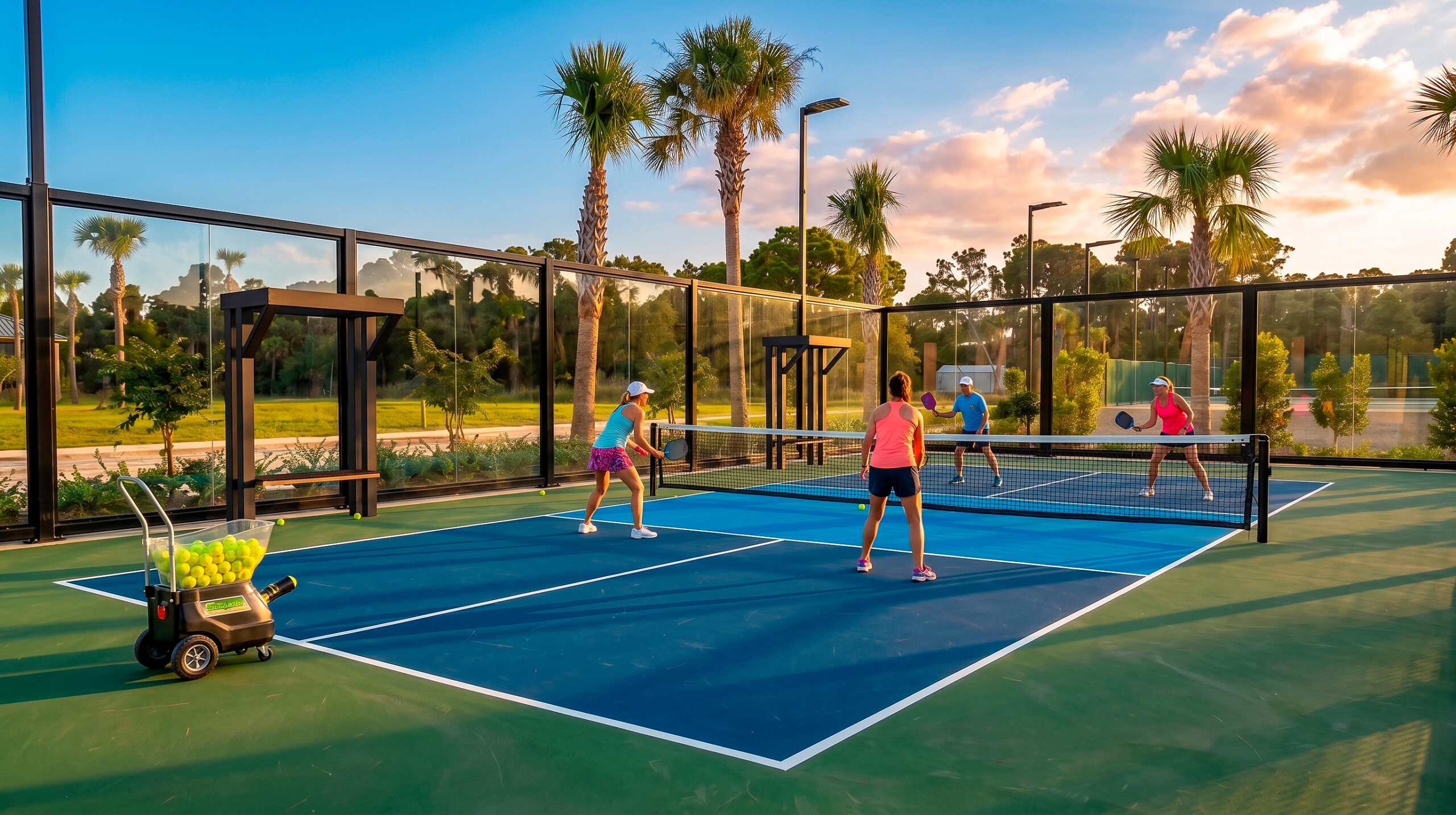 Courtside shade structures and seating around a glass-walled racquet court at an outdoor club facility.